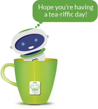 Pyx Health mascot, Pyxir, in a teacup with a speech bubble saying "Hope you're having a tea-riffic day!"