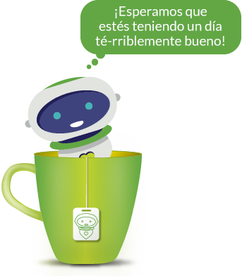 La mascota de Pyx Health, Pyxir, en una taza de té con una burbuja de habla que dice "¡Espero que estés teniendo un día de té riffic!"